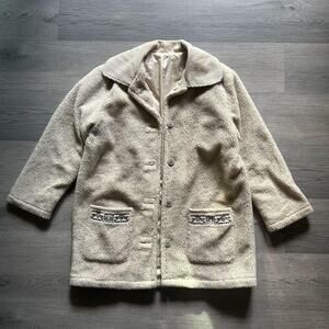 Vintage 80s Cream Sherpa Fleece Coat Embroidered Pockets L